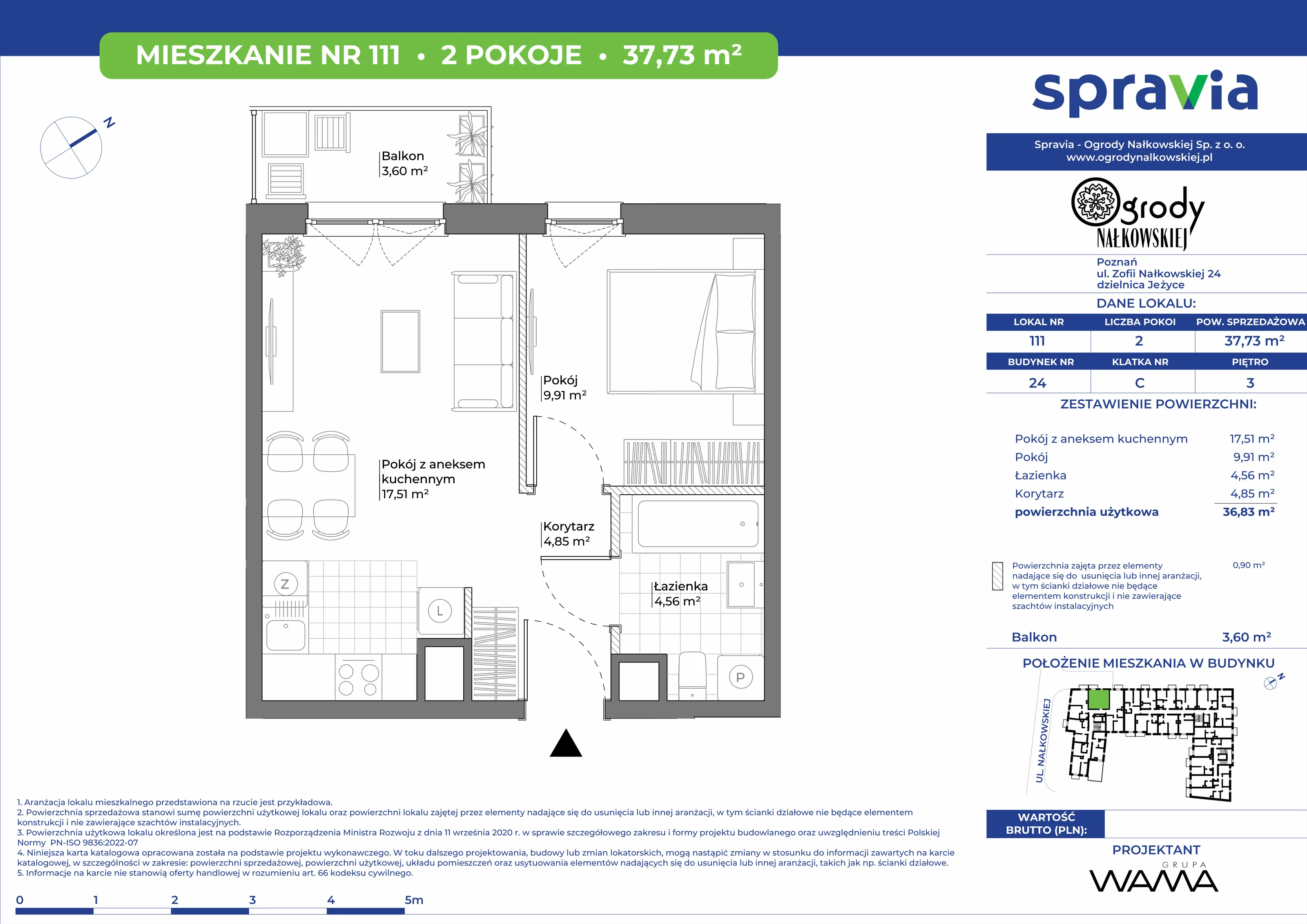 2 pokoje, mieszkanie 37,73 m², piętro 3, oferta nr 24-111, Ogrody Nałkowskiej, Poznań, Ogrody, ul. Nałkowskiej 24, 26